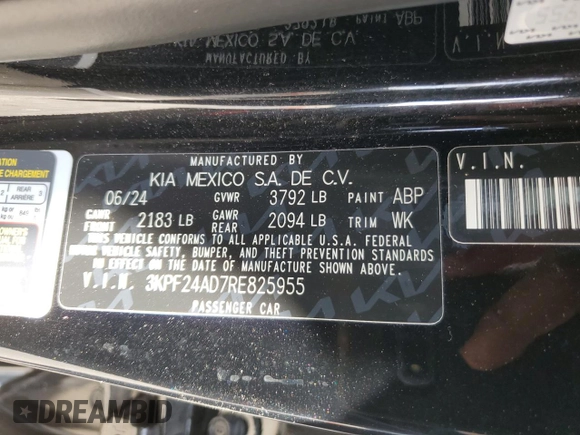 2024 Kia Forte LXS with VIN 3KPF24AD7RE825955, listed as a Copart auction lot 44717805 with 11,857 mi miles and Non Repairable. Bid and sale history available at carsss.com. Image 14.