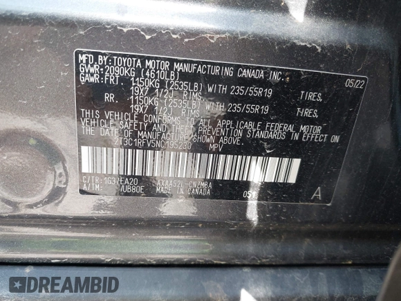 2022 Toyota RAV4 XLE Premium with VIN 2T3C1RFV5NC195230, listed as a IAAI auction lot 40495536 with 30,824 mi miles and . Bid and sale history available at DreamBid. Image 9.