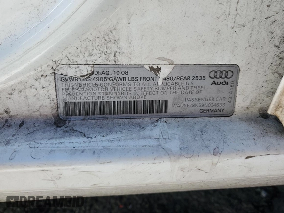 2009 Audi A4 2.0T Prem Plus with VIN WAUSF78K59N034633, listed as a Copart auction lot 41874205 with 157,594 mi miles and Salvage Title. Bid and sale history available at carsss.com. Image 12.
