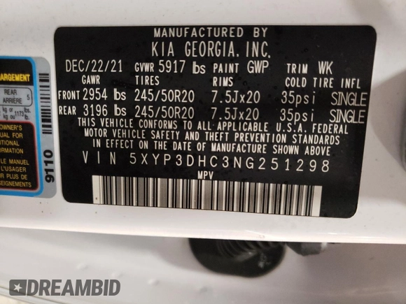 2022 Kia Telluride EX z VIN 5XYP3DHC3NG251298, wystawiony jako Copart lot #43789895 z przebiegiem 49 036 mil mil oraz Szkoda całkowita • Salvage title. Historia ofert i sprzedaży dostępna na DreamBid. Obrazek 15.
