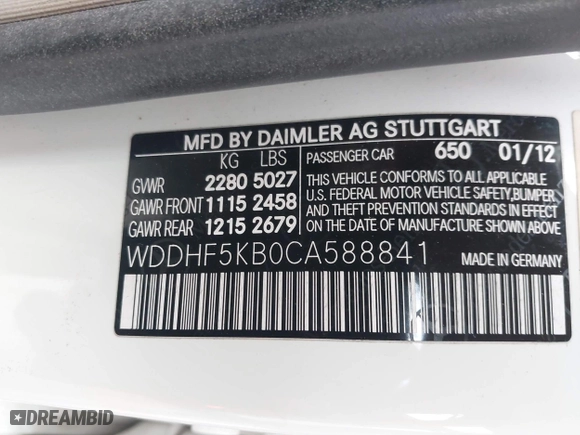 2012 Mercedes-Benz E-Class E 350 Luxury with VIN WDDHF5KB0CA588841, listed as a IAAI auction lot 41371990 with 108,480 mi miles. Bid and sale history available at carsss.com. Image 9.