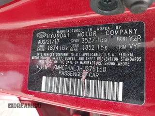 2017 Hyundai Accent SE with VIN KMHCT4AE3HU376150, listed as a IAAI auction lot 41943771 with 1 mi miles. Bid and sale history available at carsss.com. Image 9.