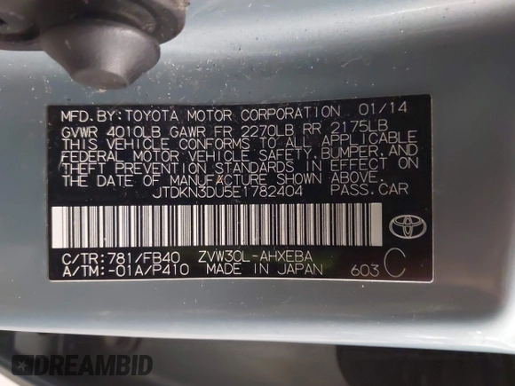 2014 Toyota Prius Four with VIN JTDKN3DU5E1782404, listed as a IAAI auction lot 41590677 with 89,465 mi miles. Bid and sale history available at carsss.com. Image 9.