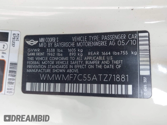 2010 MINI Hardtop S with VIN WMWMF7C55ATZ71881, listed as a IAAI auction lot 41893555 with 77,953 mi miles and . Bid and sale history available at DreamBid. Image 9.