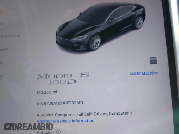 2017 Tesla Model S 100D with VIN 5YJSA1E21HF202591, listed as a IAAI auction lot 41983073 with 140,282 mi miles and . Bid and sale history available at DreamBid. Image 7.