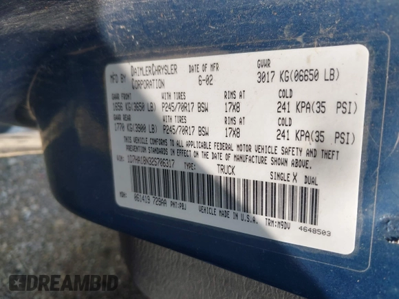 2002 Dodge 1500 with VIN 1D7HA18N32S706317, listed as a IAAI auction lot 42481597 with 208,013 mi miles and . Bid and sale history available at DreamBid. Image 9.
