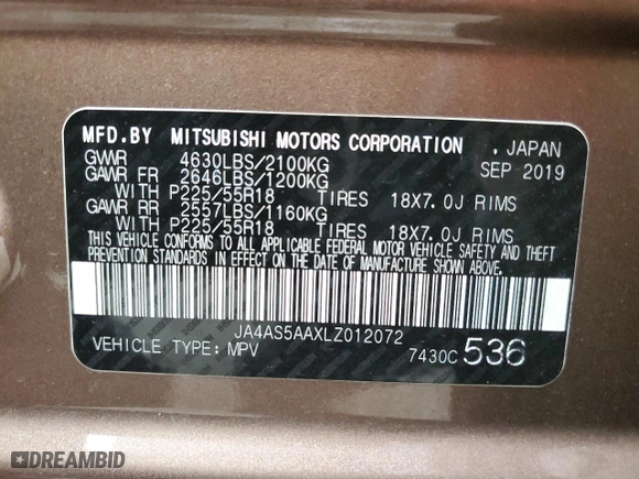 2020 Mitsubishi Eclipse Cross SE with VIN JA4AS5AAXLZ012072, listed as a Copart auction lot 76137214 with 18,367 mi miles and Salvage Title. Bid and sale history available at carsss.com. Image 13.