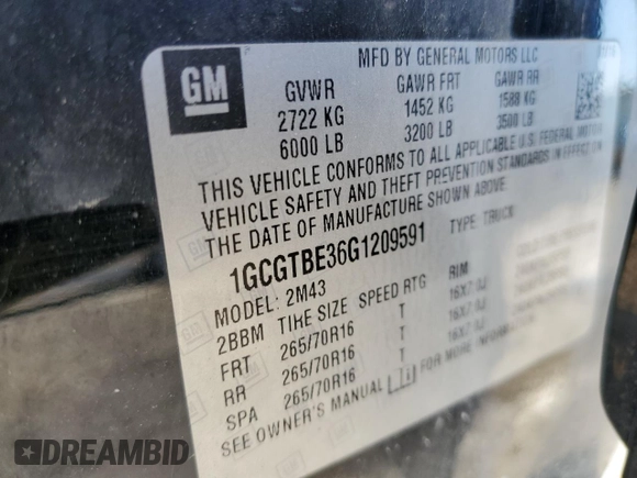 2016 Chevrolet Colorado 4WD WT with VIN 1GCGTBE36G1209591, listed as a Copart auction lot 58565535 with 115,134 mi miles and Salvage title. Bid and sale history available at DreamBid. Image 12.