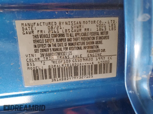 2021 Nissan Sentra SR z VIN 3N1AB8DV7MY327125, wystawiony jako Copart lot #59813715 z przebiegiem 24 576 mil mil oraz Szkoda całkowita • Salvage title. Historia ofert i sprzedaży dostępna na DreamBid. Obrazek 12.