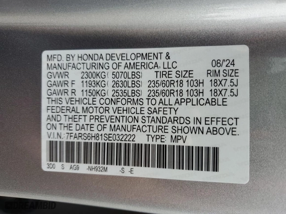 2025 Honda CR-V Hybrid Sport-L with VIN 7FARS6H81SE032222, listed as a Copart auction lot 76049454 with 60 mi miles and Salvage Title. Bid and sale history available at carsss.com. Image 13.