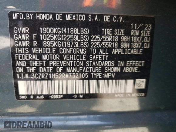 2024 Honda HR-V Sport with VIN 3CZRZ1H52RM732105, listed as a Copart auction lot 57705054 with 15,700 mi miles and Salvage title. Bid and sale history available at DreamBid. Image 12.