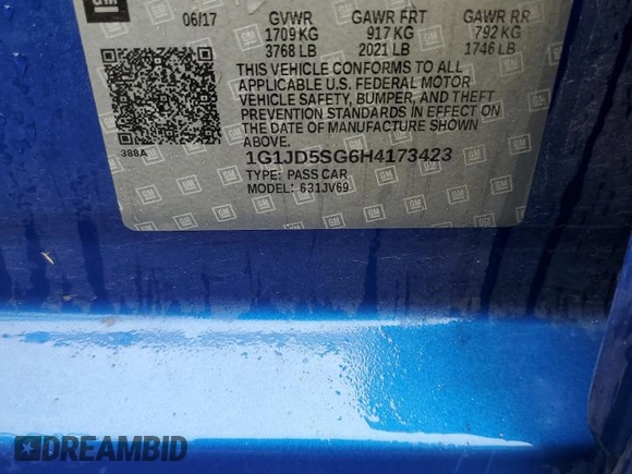 2017 Chevrolet Sonic LT with VIN 1G1JD5SG6H4173423, listed as a Copart auction lot 60721595 with 99,860 mi miles and Salvage title. Bid and sale history available at DreamBid. Image 12.