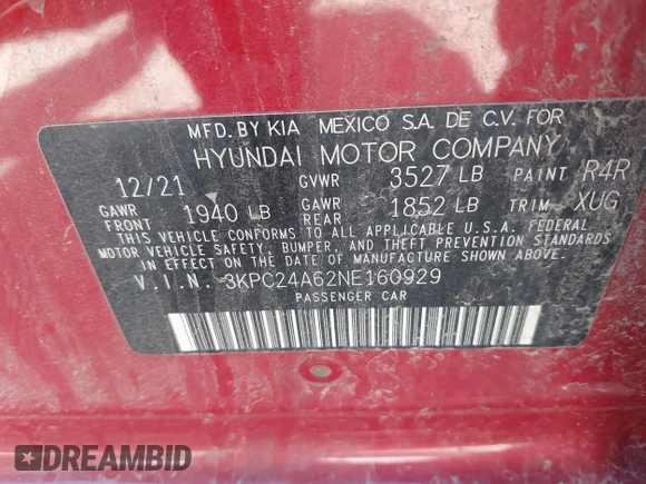 2022 Hyundai Accent SE with VIN 3KPC24A62NE160929, listed as a IAAI auction lot 42310998 with 76,000 mi miles and . Bid and sale history available at DreamBid. Image 9.