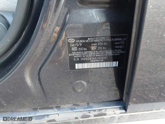 2020 Hyundai Sonata SE with VIN 5NPEG4JA8LH016082, listed as a IAAI auction lot 41684619 with 65,107 mi miles. Bid and sale history available at carsss.com. Image 9.
