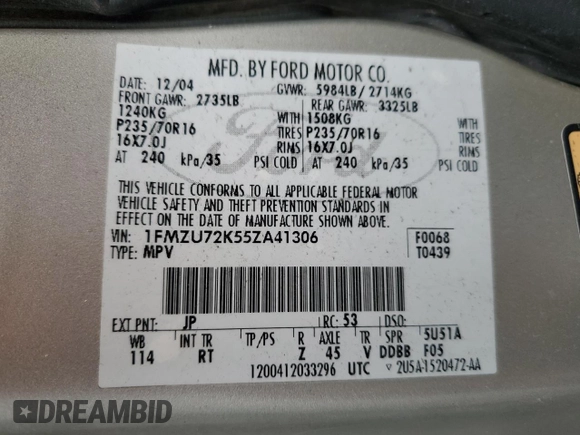 2005 Ford Explorer XLS с VIN 1FMZU72K55ZA41306, выставлен на аукционе Copart как лот 76939174 с пробегом 183 763 миль миль и На запчасти • Non repairable. История ставок и продаж доступна на DreamBid. Изображение 12.