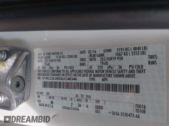 2016 Ford Escape Titanium with VIN 1FMCU9J90GUC48346, listed as a IAAI auction lot 42523307 with 114,265 mi miles and . Bid and sale history available at DreamBid. Image 9.