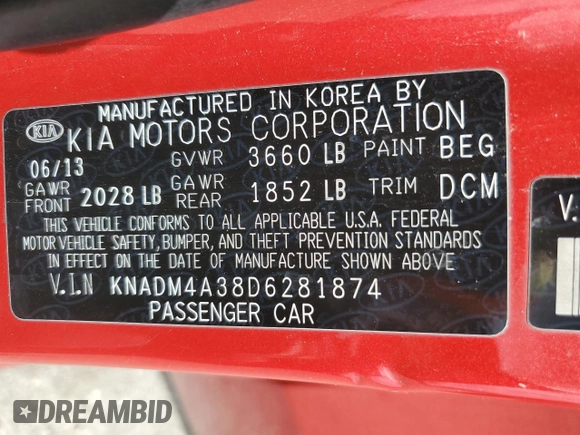 2013 Kia Rio LX with VIN KNADM4A38D6281874, listed as a Copart auction lot 51134385 with 168,379 mi miles and Clean Title. Bid and sale history available at carsss.com. Image 12.