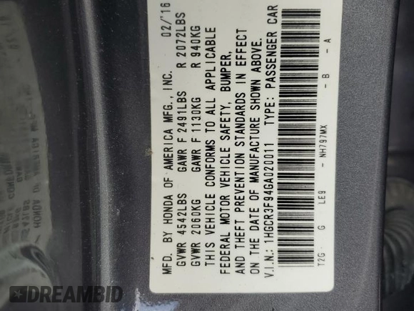 2016 Honda Accord Touring z VIN 1HGCR3F94GA020011, wystawiony jako Copart lot #56228415 z przebiegiem 85 941 mil mil oraz Szkoda całkowita • Salvage title. Historia ofert i sprzedaży dostępna na DreamBid. Obrazek 12.