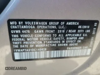 2013 Volkswagen Passat S z VIN 1VWAP7A31DC140626, wystawiony jako Copart lot #89140965 z przebiegiem 17 328 mil mil oraz Szkoda całkowita • Salvage title. Historia ofert i sprzedaży dostępna na DreamBid. Obrazek 12.
