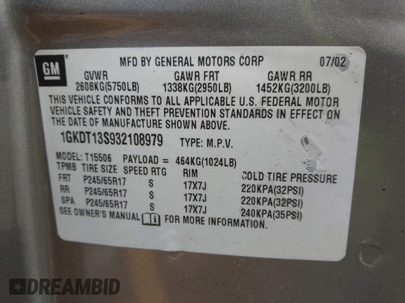 2003 GMC Envoy SLE with VIN 1GKDT13S932108979, listed as a IAAI auction lot 41938118 with 1 mi miles. Bid and sale history available at carsss.com. Image 9.