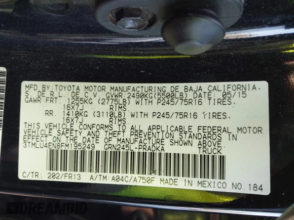 2015 Toyota Tacoma with VIN 3TMLU4EN8FM195249, listed as a IAAI auction lot 41416129 with 129,544 mi miles. Bid and sale history available at carsss.com. Image 9.