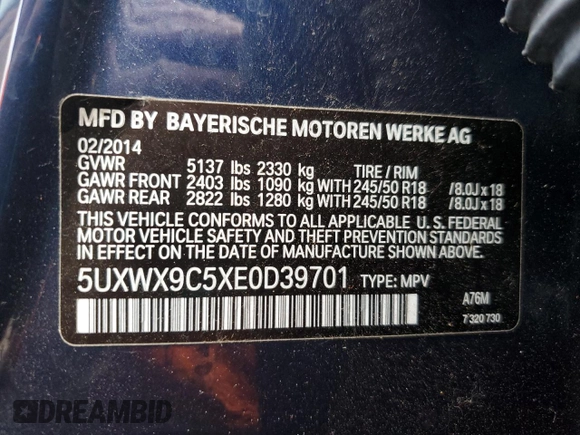 2014 BMW X3 xDrive28i z VIN 5UXWX9C5XE0D39701, wystawiony jako Copart lot #55148905 z przebiegiem 93 148 mil mil oraz Szkoda całkowita • Salvage title. Historia ofert i sprzedaży dostępna na DreamBid. Obrazek 13.