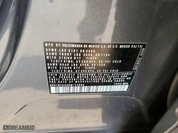 2019 Volkswagen Tiguan S with VIN 3VV1B7AX3KM174584, listed as a Copart auction lot 46853595 with 89,669 mi miles and Salvage Title. Bid and sale history available at carsss.com. Image 12.