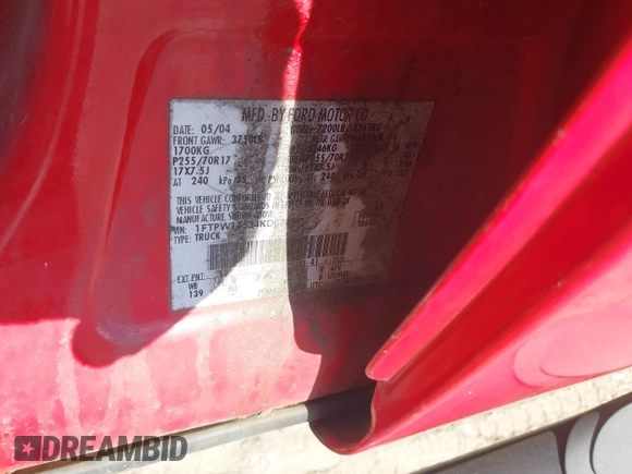 2004 Ford F-150 XLT z VIN 1FTPW14534KD07889, wystawiony jako IAAI lot #42590206 z przebiegiem Nie podano mil oraz . Historia ofert i sprzedaży dostępna na DreamBid. Obrazek 9.
