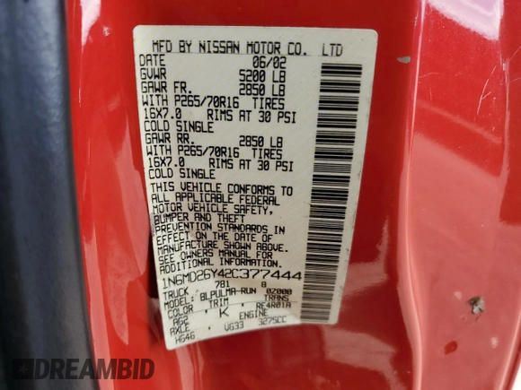 2002 Nissan Frontier 4WD SVE SuperCharger with VIN 1N6MD26Y42C377444, listed as a Copart auction lot 68996684 with 123,895 mi miles and Salvage Title. Bid and sale history available at carsss.com. Image 13.