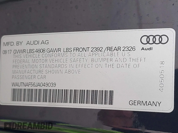 2018 Audi A5 Premium Plus with VIN WAUTNAF56JA049039, listed as a IAAI auction lot 41868983 with 81,551 mi miles and . Bid and sale history available at DreamBid. Image 9.