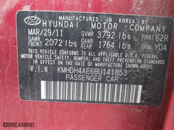 2011 Hyundai Elantra Ltd with VIN KMHDH4AE6BU141853, listed as a IAAI auction lot 41743359 with 128,676 mi miles. Bid and sale history available at carsss.com. Image 9.