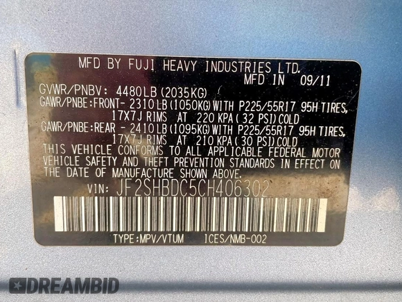 2012 Subaru Forester X Premium with VIN JF2SHBDC5CH406302, listed as a Copart auction lot 62221225 with 225,830 mi miles and Clean title. Bid and sale history available at DreamBid. Image 10.