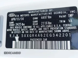2014 Kia Optima SXL Turbo with VIN 5XXGR4A62EG342201, listed as a IAAI auction lot 42344058 with 108,358 mi miles and . Bid and sale history available at DreamBid. Image 9.