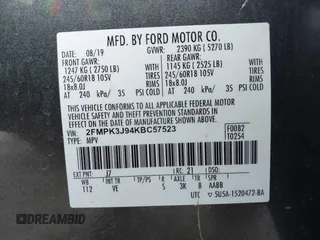 2019 Ford Edge SEL with VIN 2FMPK3J94KBC57523, listed as a IAAI auction lot 41601157 with 54,757 mi miles. Bid and sale history available at carsss.com. Image 9.
