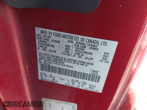 2000 Ford F-150 XL with VIN 2FTRX17W2YCA79002, listed as a IAAI auction lot 41605570 with 322,154 mi miles. Bid and sale history available at carsss.com. Image 9.