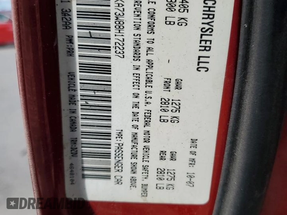 2008 Chrysler 300 C SRT-8 z VIN 2C3KA73W88H172237, wystawiony jako Copart lot #82523464 z przebiegiem 190 564 mil mil oraz Szkoda całkowita • Salvage title. Historia ofert i sprzedaży dostępna na DreamBid. Obrazek 14.