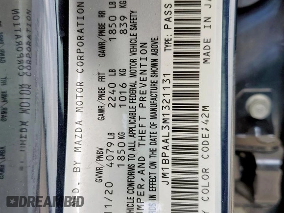 2021 Mazda 3 S z VIN JM1BPAAL3M1321131, wystawiony jako Copart lot #63148205 z przebiegiem 9 910 mil mil oraz Szkoda całkowita • Salvage title. Historia ofert i sprzedaży dostępna na DreamBid. Obrazek 12.