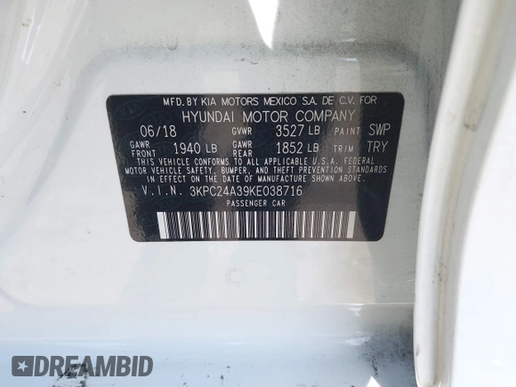 2019 Hyundai Accent SE with VIN 3KPC24A39KE038716, listed as a IAAI auction lot 42108932 with 98,835 mi miles. Bid and sale history available at carsss.com. Image 9.