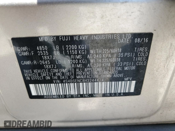 2017 Subaru Outback Limited with VIN 4S4BSENC8H3244424, listed as a Copart auction lot 63711535 with 114,960 mi miles and Salvage title. Bid and sale history available at DreamBid. Image 14.