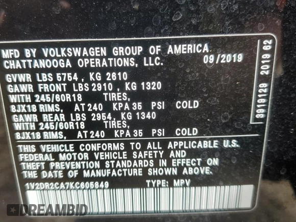 2019 Volkswagen Atlas SE with VIN 1V2DR2CA7KC605849, listed as a Copart auction lot 55557865 with 74,410 mi miles and Salvage title. Bid and sale history available at DreamBid. Image 12.