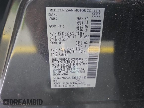 2013 Nissan Pathfinder SL with VIN 5N1AR2MN5DC663740, listed as a Copart auction lot 54801265 with 164,198 mi miles and Clean Title. Bid and sale history available at carsss.com. Image 10.
