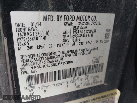 2014 Ford Expedition EL XLT with VIN 1FMJK1J58EEF27868, listed as a IAAI auction lot 41797524 with 176,350 mi miles. Bid and sale history available at carsss.com. Image 9.