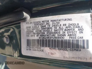 2000 Toyota Camry CE z VIN 4T1BG28K9YU968930, wystawiony jako IAAI lot #42310350 z przebiegiem 190 762 mil mil oraz . Historia ofert i sprzedaży dostępna na DreamBid. Obrazek 9.