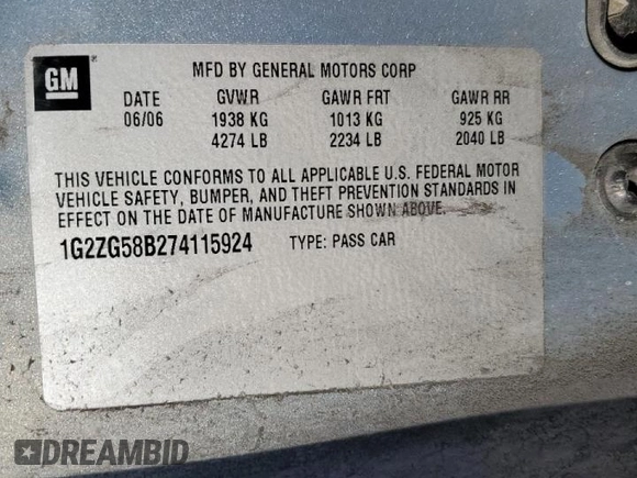 2007 Pontiac G6 G6 with VIN 1G2ZG58B274115924, listed as a Copart auction lot 47471785 with 146,537 mi miles and Salvage title. Bid and sale history available at DreamBid. Image 12.