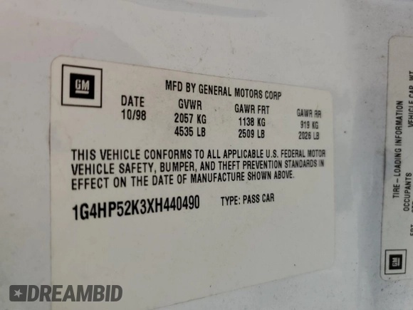 1999 Buick LeSabre Custom with VIN 1G4HP52K3XH440490, listed as a Copart auction lot 53205525 with 187,458 mi miles and Salvage Title. Bid and sale history available at DreamBid. Image 12.