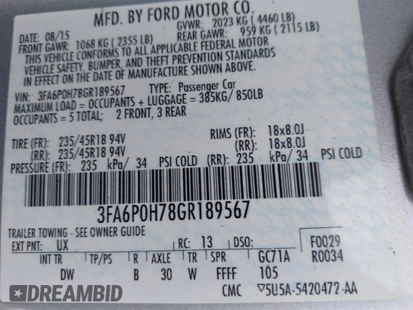 2016 Ford Fusion SE with VIN 3FA6P0H78GR189567, listed as a IAAI auction lot 41801780 with 134,802 mi miles. Bid and sale history available at carsss.com. Image 9.