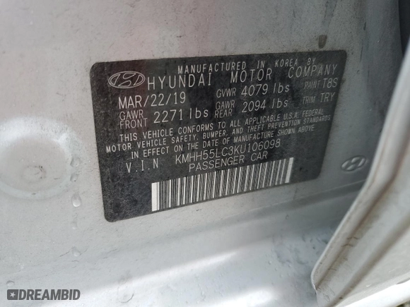 2019 Hyundai Elantra GT N Line with VIN KMHH55LC3KU106098, listed as a Copart auction lot 87466454 with 96,607 mi miles and Salvage Title. Bid and sale history available at carsss.com. Image 12.