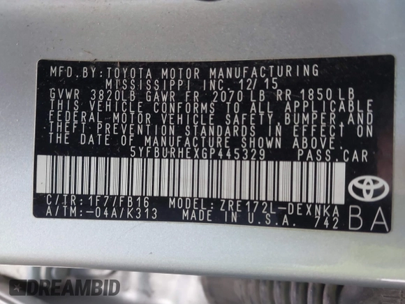 2016 Toyota Corolla L with VIN 5YFBURHEXGP445329, listed as a IAAI auction lot 41799285 with 313,814 mi miles and . Bid and sale history available at DreamBid. Image 9.