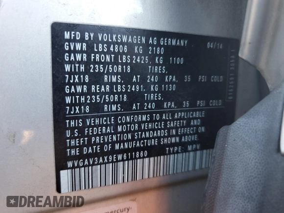 2014 Volkswagen Tiguan SE with VIN WVGAV3AX9EW611860, listed as a Copart auction lot 74431754 with 116,022 mi miles and Salvage title. Bid and sale history available at DreamBid. Image 15.