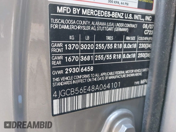 2008 Mercedes-Benz R-Class 3.5L with VIN 4JGCB56E48A064101, listed as a IAAI auction lot 41326581 with 302,626 mi miles. Bid and sale history available at carsss.com. Image 9.